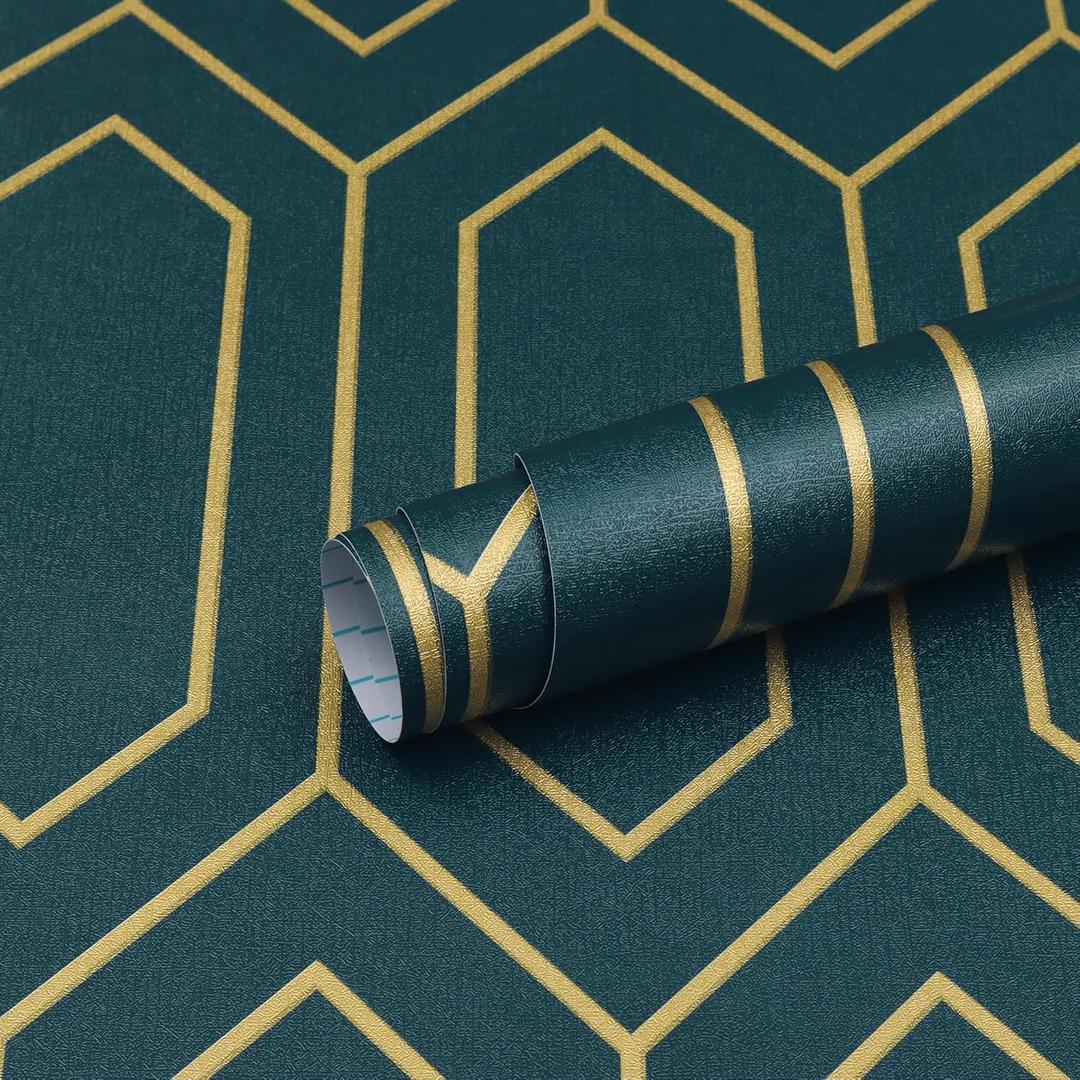 Safiyya Peel and Stick Wallpaper Gold and Dark Teal Geometric Wall Paper Contact Paper Textured Self Adhesive Removable Wallpaper Wallpaper for Bathroom Vinyl Roll 393"x17.3"