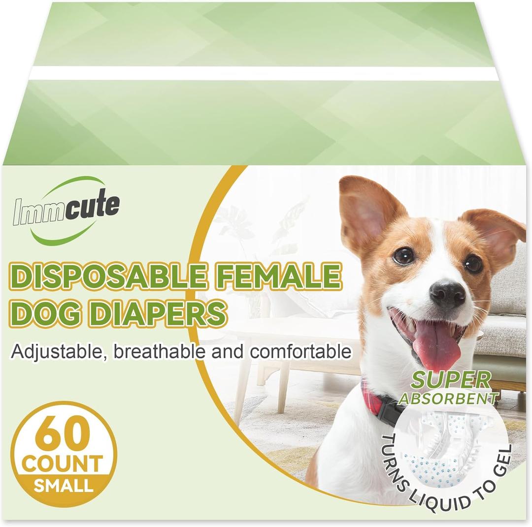IMMCUTE Dog Diapers Female Small, 60 Count, Breathable & Adjustable Disposable Puppy Diapers, Super Absorbent Female Dog Diapers for Heat, Excitable Urination, Incontinence