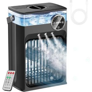 Portable Air Conditioners, 4 in 1 Evaporative Air Cooler with 1200ML Tank, Queit Cooling Fan with Remote Control, 2-8H Timer, 3 Modes & 8 LED Lights, Personal AC Unit for Bedroom, Office and Camping