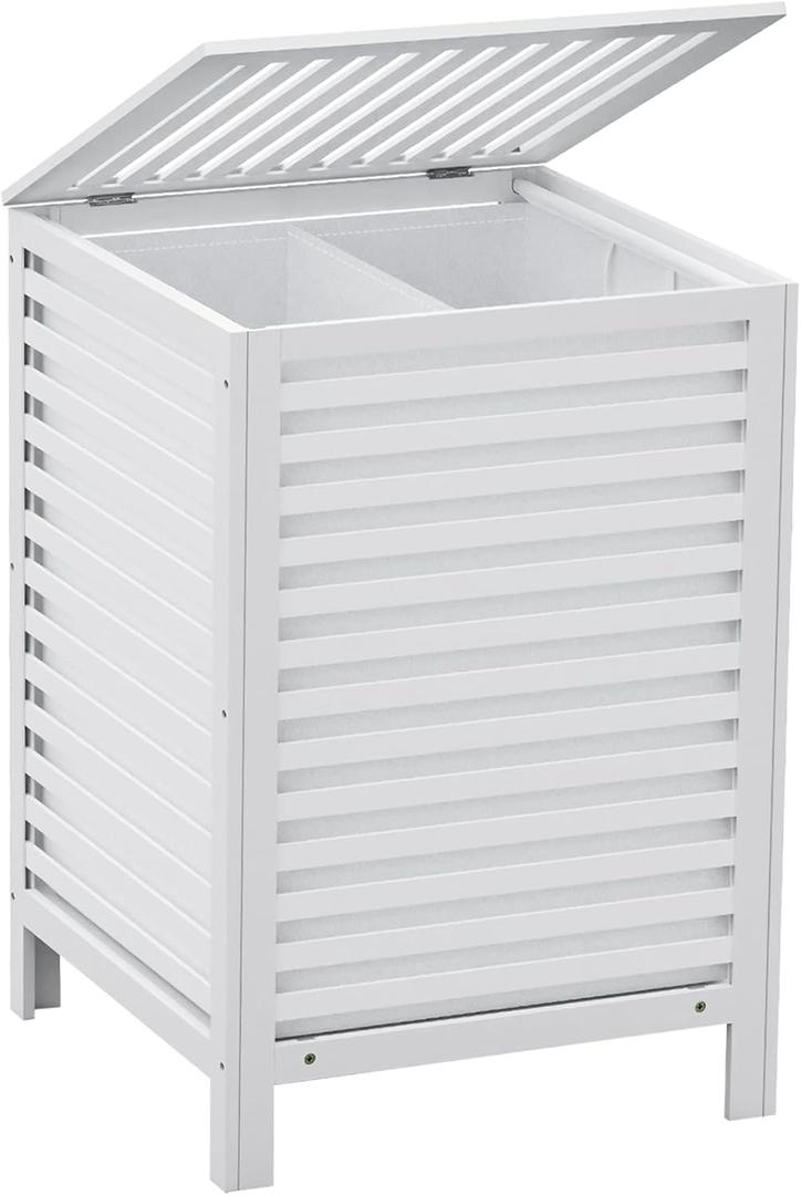 Bamboo Laundry Hamper with Lid, 120L Large Double Laundry Basket with Removable Liner Bag, 2-Section Clothes Laundry Sorter for Bedroom, Bathroom, Laundry Room,18.5 x 18.5 x 25.6 Inches