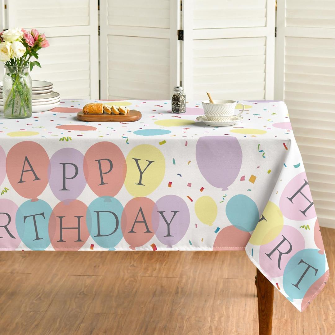 Horaldaily Happy Birthday Tablecloth 60104 Inch Rectangular for Party Decorations, Colorful Balloons Confetti Washable Table Cover for Party, Happy Birthday, Baby Shower (White)
