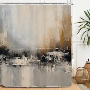 Miyotaa Abstract Oil Painting Modern Shower Curtain Set 60Wx71H Inches Brown Gray Minimalist Contemporary Art Waterproof Bathroom Curtain with 12 Hooks