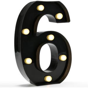 Pooqla Decorative Led Light Up Number Letters, Black Plastic Marquee Number Lights Sign for 6th 16th 60th Birthday Party Wedding Decor Battery Operated Black Decoration 6