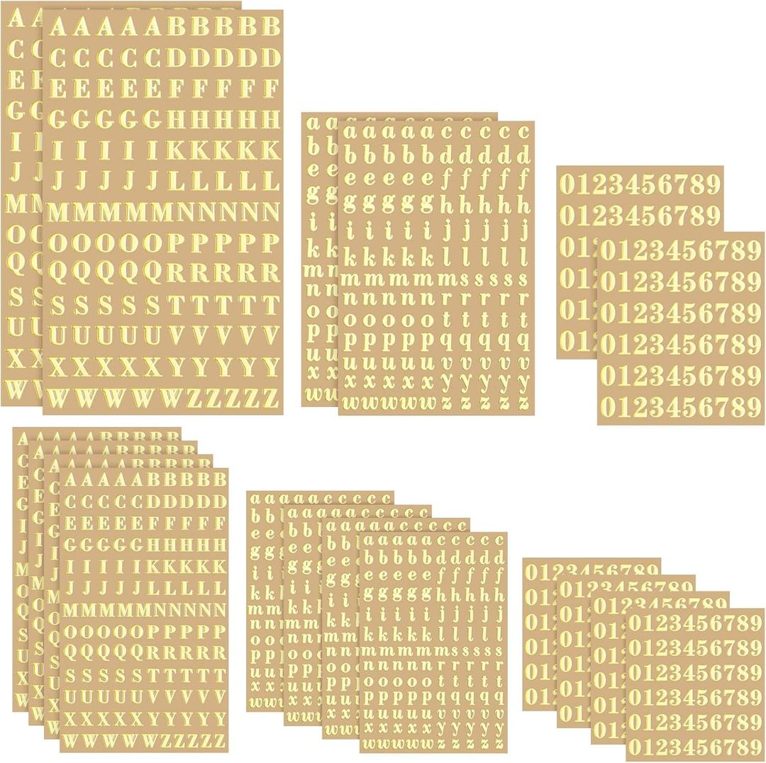 Outus 18 Sheets Small Letter Stickers Mini Alphabet Number Stickers Self Adhesive Monogram Letters Decals Scrapbook Lettering Decals for Arts Craft (Gold)