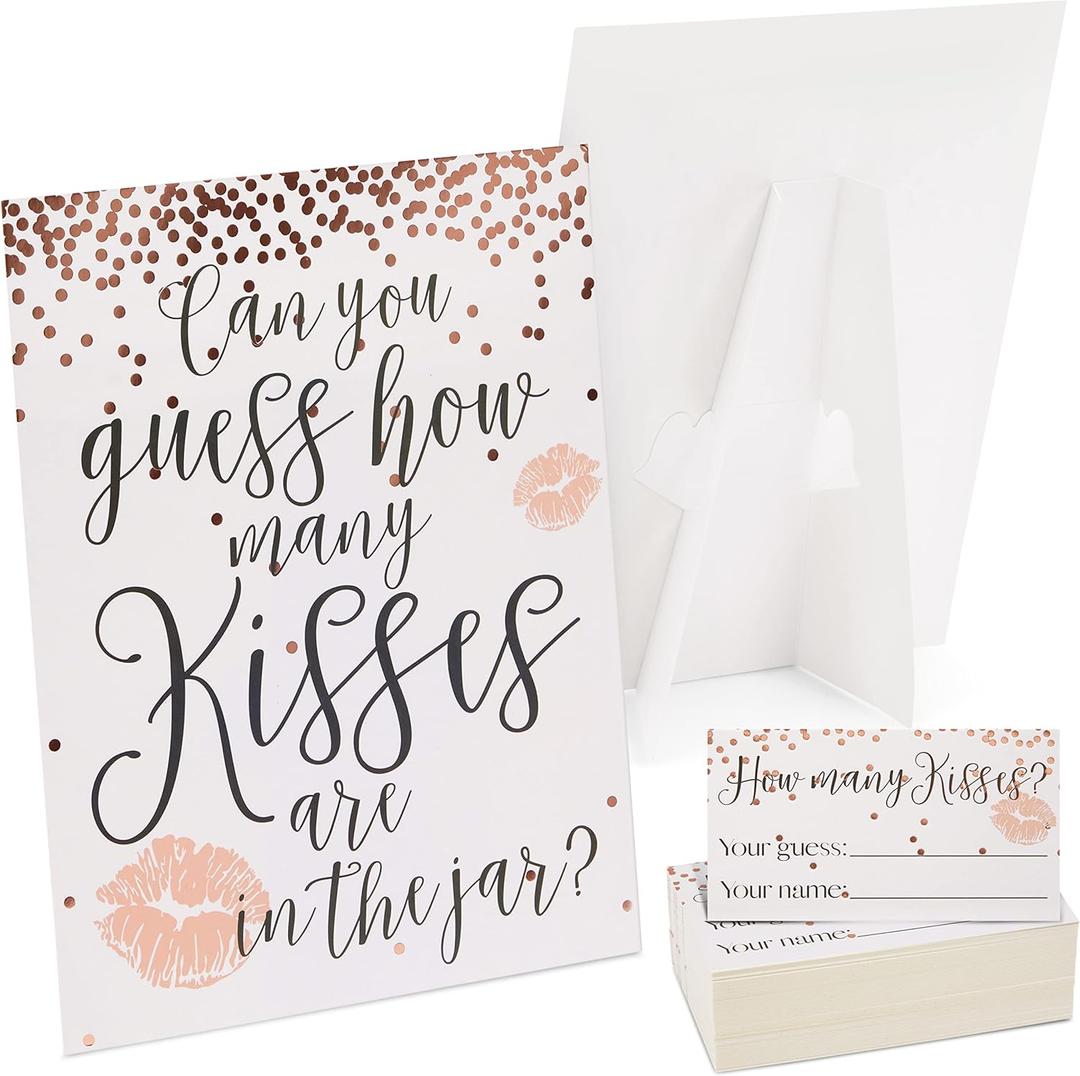 Sparkle and Bash Guess How Many Kisses Bridal Shower Game for 60 Guests for Wedding (1 Rule Board, 60 Guessing Cards)