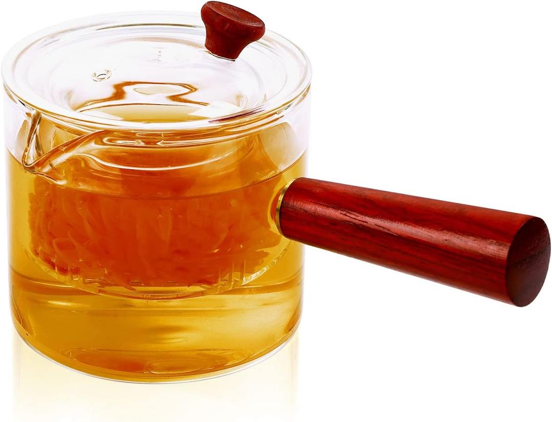 WHJY Glass Teapot With Infuser for Loose Tea, Small Magic Kettle for Stove Top, Clear Japanese Kyusu With Wooden Handle - 17 oz