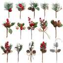 Crafare 15 Pack Small Christmas Picks Assorted Size Red Berry Picks Stems with Pinecones for Christmas Holiday Floral Arrangement Winter Holiday Season Decoration (5in-9in berry stem picks)
