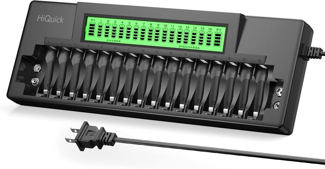 HiQuick 16+2 Bay AA AAA 9V Battery Charger, Fast Charging for NiMH NiCD Rechargeable Batteries, 2 Separate Charging Slot for 9V NiMH/Li-ion Battery with Smart LCD Display