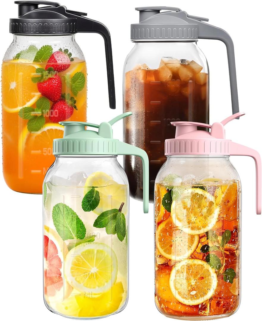 64oz Large Glass Pitcher with Lid & Spout,2 Quart Breastmilk Pitcher Upgraded Leak Proof, for Sun Tea, Iced Juice, Cold Brew Coffee, Breastmilk Storage Container-4PACK(Black+Gray+Pink+Green) (EXP 08/13/26)