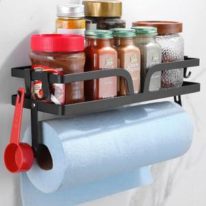 SUNTECH Paper Towel Holder with Shelf, 2-in-1 Adhesive Wall Mount Paper Towel Holder with 4 Hooks for Kitchen Garage and Tool Room, Black