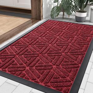 Smiry Front Door Mat Outside Entrance, Heavy Duty Sturdy Natural Rubber Doormat, Trap Dirt and Moisture, Easy Clean Low Profile Mats for Indoor Outdoor Entry, Grid Geometric (29.5x17, Wine Red)