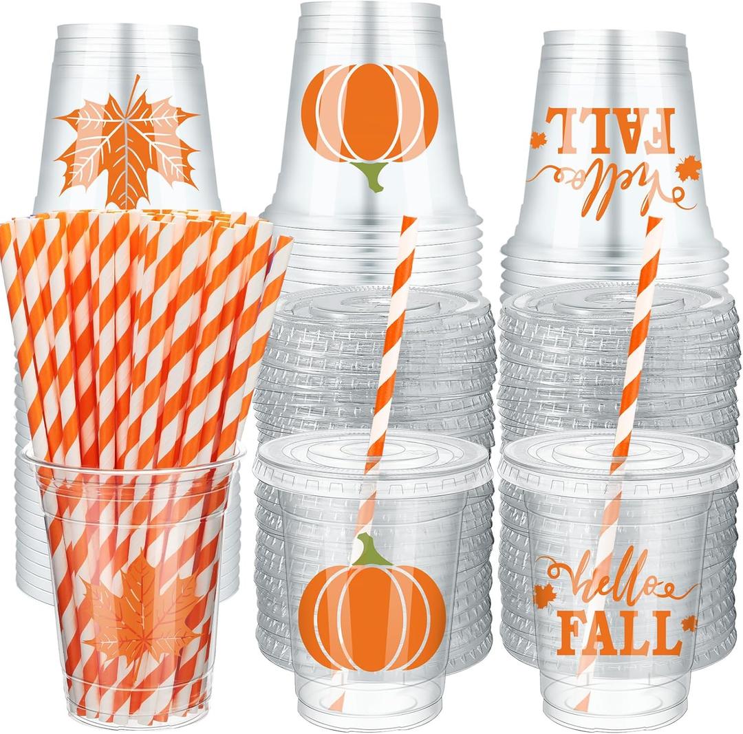 Umigy 100 Pcs 12 oz Fall Plastic Cups with Lids and Paper Straws Thanksgiving Disposable Clear Pumpkin Cups Autumn Harvest Plastic Mugs for Beer Beverage Snacks Coffee Hot Cold Drinks Party Supplies