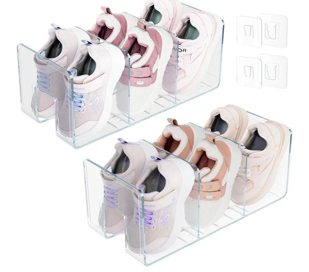Acrylic Kids Shoe Rack Organizer 3-Section, Toddler Shoe Organizer for Closet, 2 Pack Baby Shoe Storage Shelf, Purse Rack Organizer
