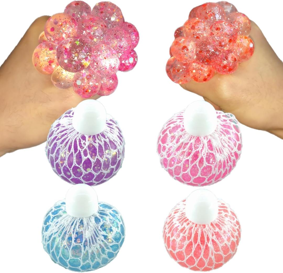 Fidget Toys for Kids Pack of 4, Glitter Mesh Grape Squishy Stress Balls for Adults - Sparkly Jelly Stress Balls, Sensory Squeeze Toys for Stress Relief/Hand Exercise(Purple/Blue/Pink/Coral)
