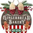 Deroro Merry Christmas Gingerbread Bakery Front Door Sign, Xmas Holiday Wood Door Hanger Outdoor Porch Decor, Winter Farmhouse Rustic Wooden Wreath with Plaid Bow Indoor Wall Hanging Decoration