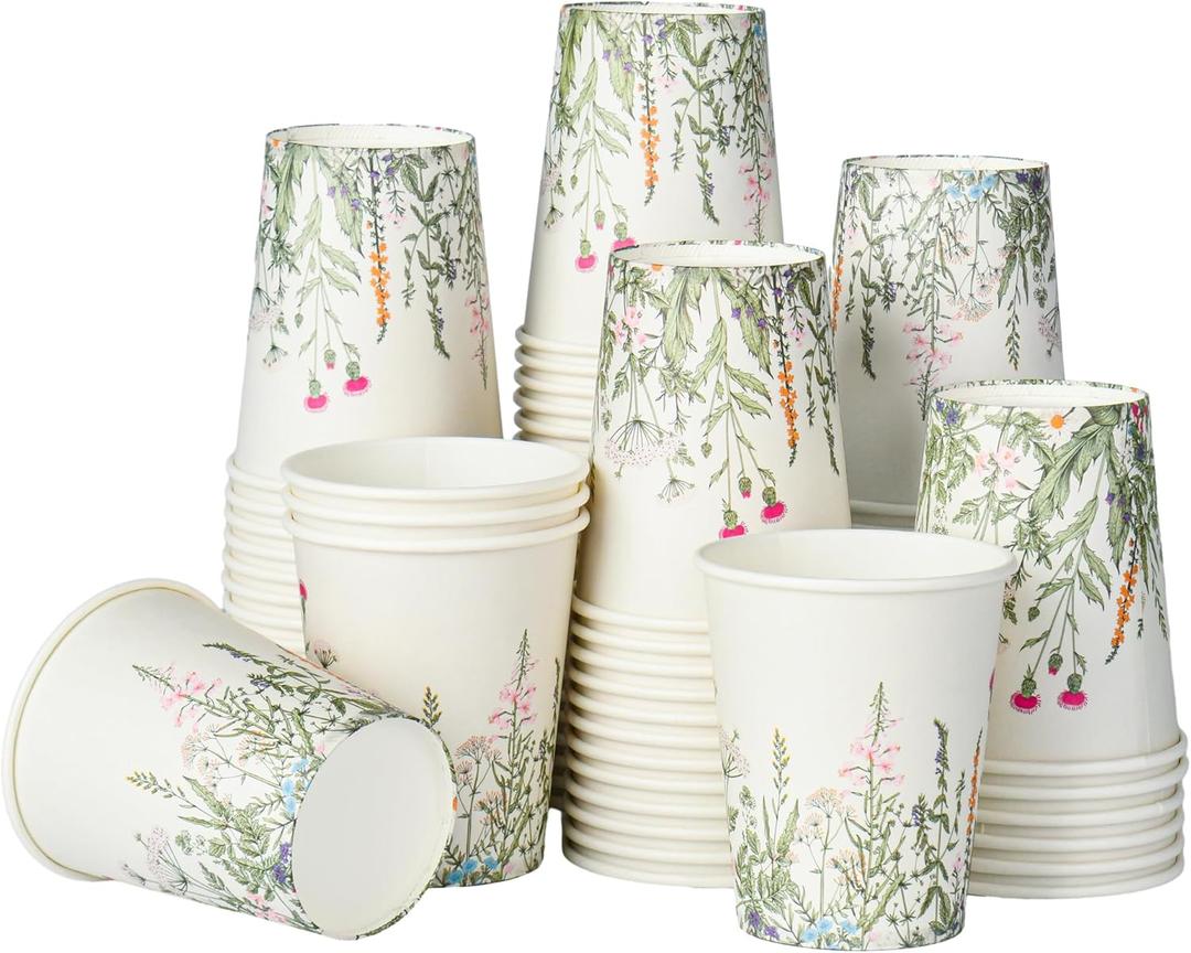 Floral Party Cups Vintage Botanical Paper Cups 9oz Wildflower Herb Beverage Disposable Drinking Cups for Birthday Bridal Shower Easter Party Supplies (100, Vintage Botanical)