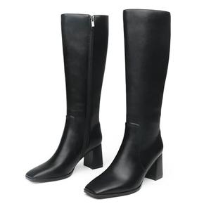 Knee High Boots Women Chunky Block Heel Square Toe Zipper Boots Black Matte, Size 8.5