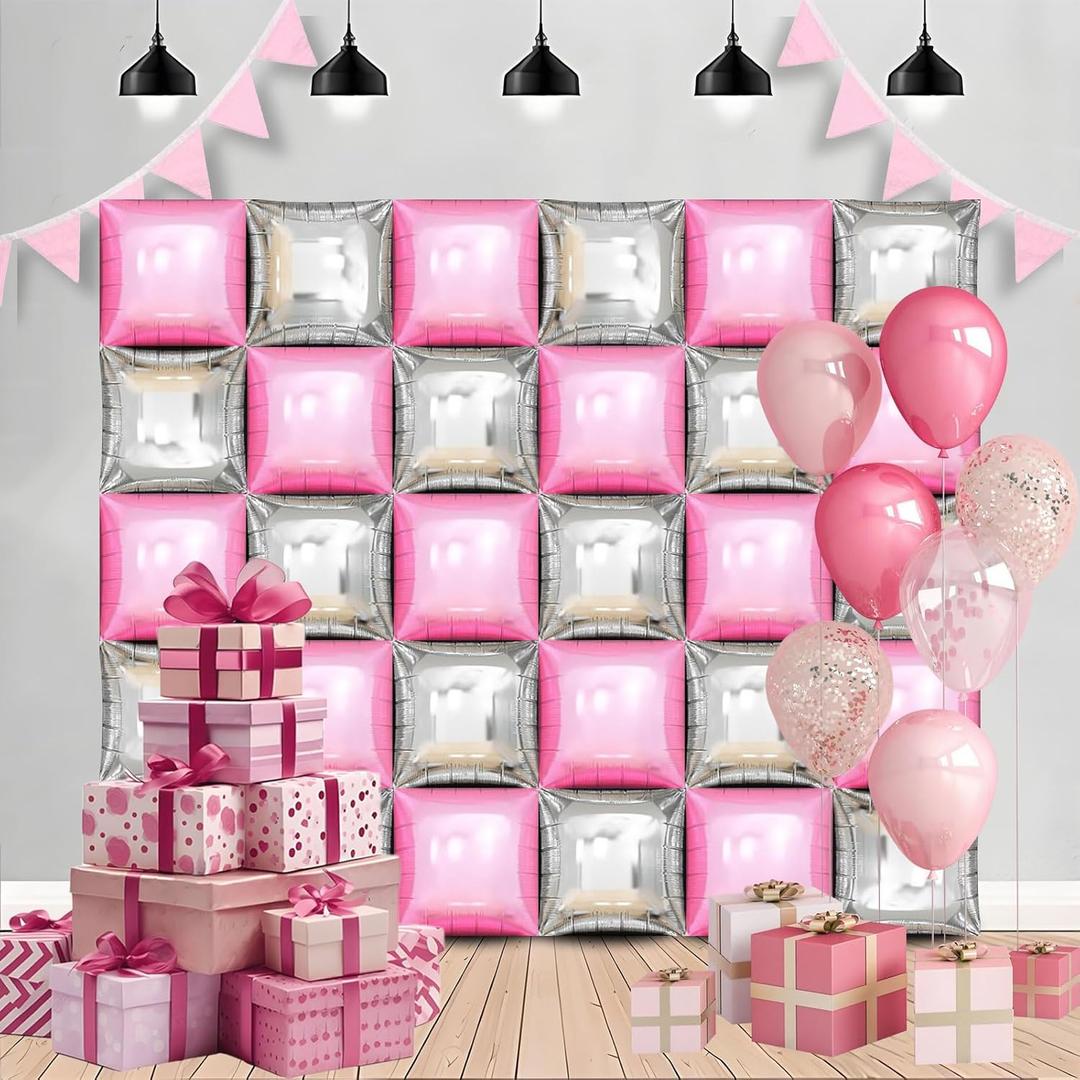 Metallic Pink and Silver Square Foil Balloons Wall - 19 Inches Square Balloons Tunnel Arch Garland Kit for Graduation Decorations Class of 2025, Graduation Party Decorations, Engagement Party