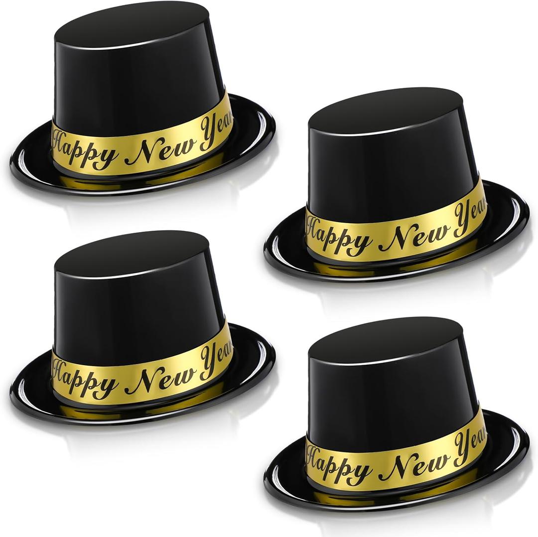 Geyoga 4 Pcs Happy New Years Top Hat 2026 Eve Party black Plastic Celebration Hats for New Years Eve Party Supplies Accessory Costume wear