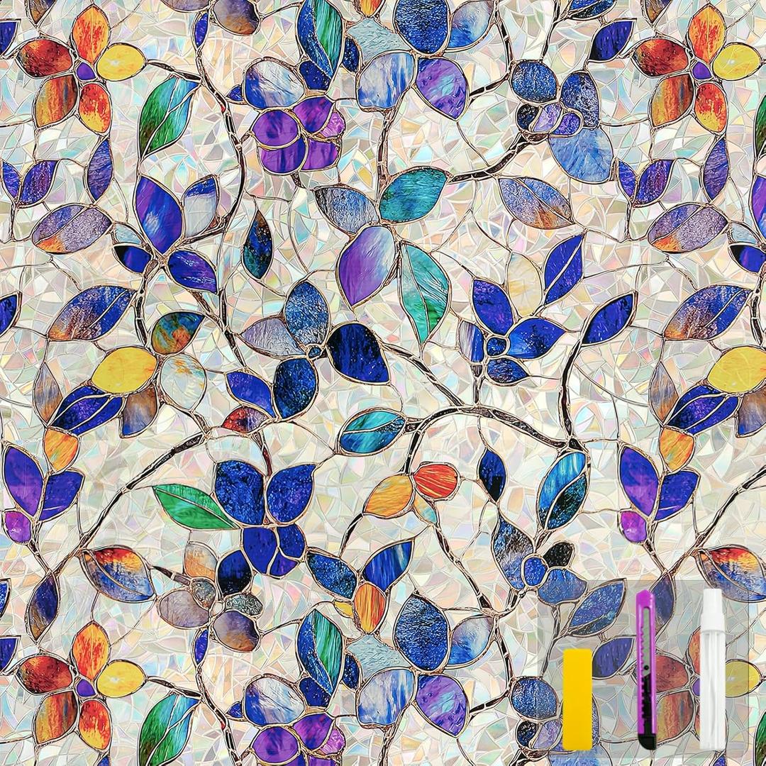 COUNTEWOL Window Privacy Film with Installation Tools Home Decorative Colored Glass Window Stickers Reusable electrostatic Rainbow Stickers (Stained Leaf, 17.5 x 78.7 in)