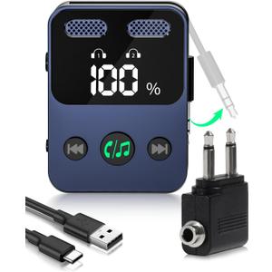 Jasput 2026 Airplane Bluetooth Adapter, Supports 2 AirPods/Headphones, 2in1 Transmitter Receiver with HD Display,18H Playtime,3.5mm Aux Audio Jack Adapter for Airplane/TV/PC/Gym/Home