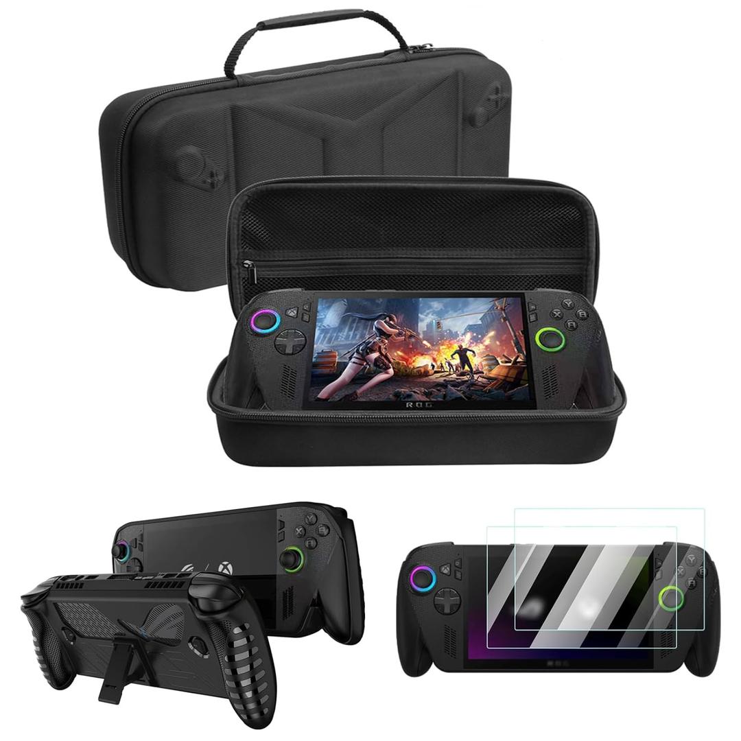 TGDPLUE 3-in-1 Protection Bundle for Rog Xbox Ally X 2025 - TPU Case with Kickstand & Carrying Pouch & 2x Tempered Glass, Compatible with Xbox Rog Ally X