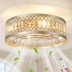 KAISITE Caged Ceiling Fan with Lights 20" Crystal Gold Fandelier Low Profile Ceiling Fan with Remote Flush Mount Enclosed Bladeless Chandelier Fan Light for Bedroom Kitchen Living Room, Large