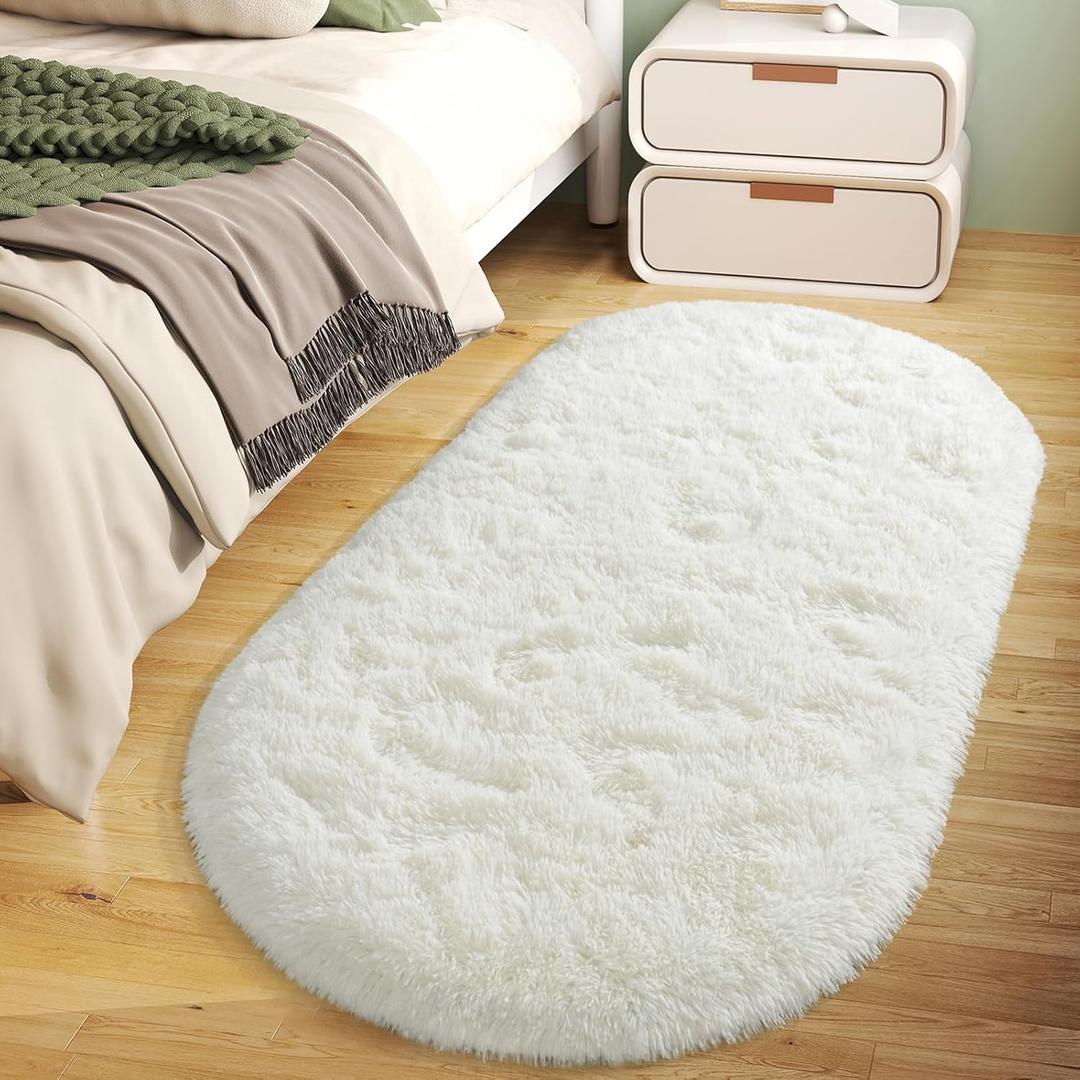 Soft Fluffy Rugs for Bedroom, Cream White Fuzzy Shaggy Oval Bedside Area Rug Set of 2, Non-Slip Cozy Plush Shag Carpet for Kids Room Nursery Dorm Living Room, 2.6 x 5.3 Feet