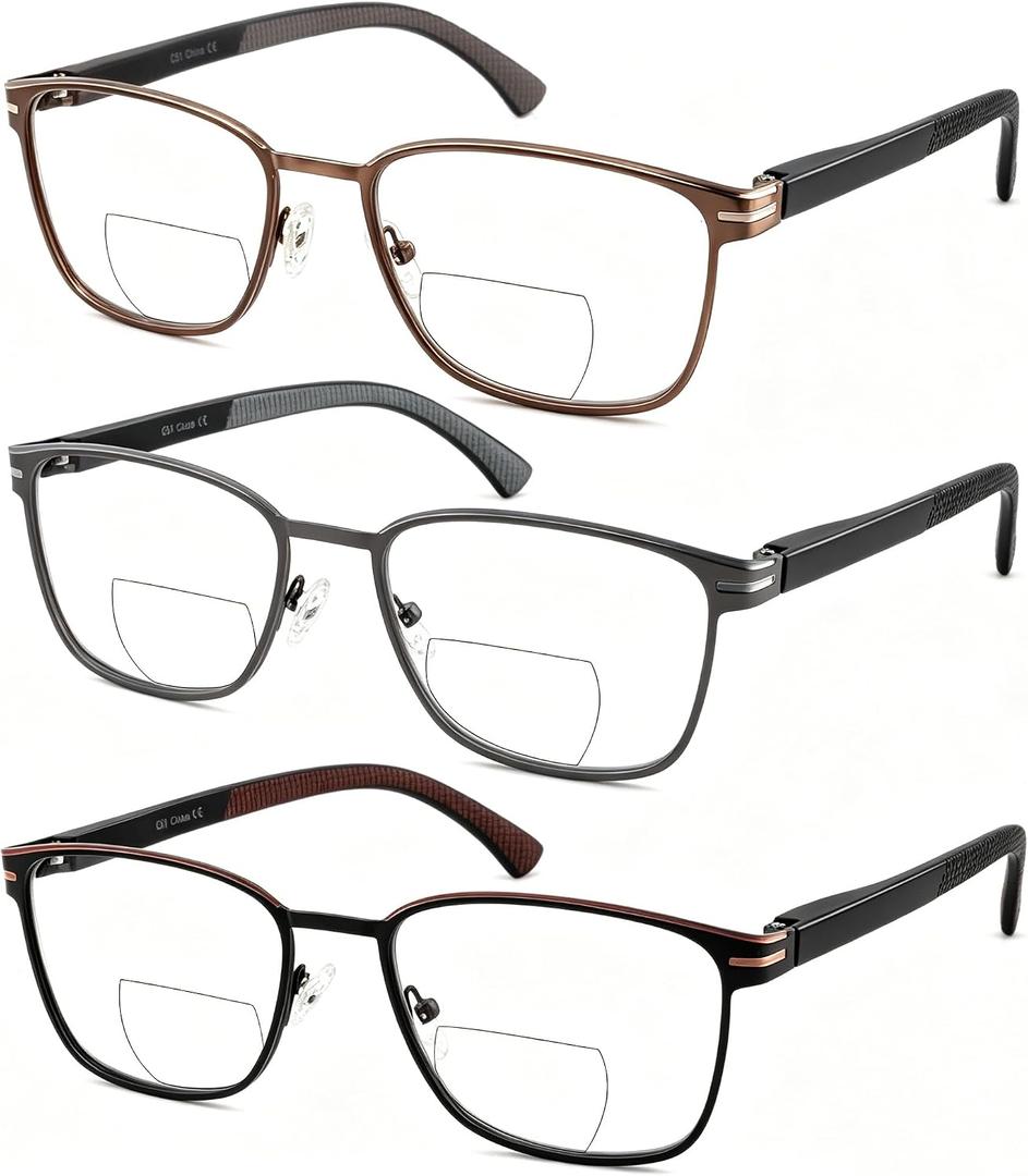 3 Pack Metal Bifocal Reading Glasses Blue Light Clear Top Spring Hinge Eyeglasses for Men Women, +2.50