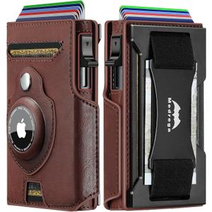 Smart Apple Air tag Wallet: RFID Leather Pop up Card Wallet with Airtag Holder - Gift for Man Husband at Anniversay Brithday (Leather Brown J7)