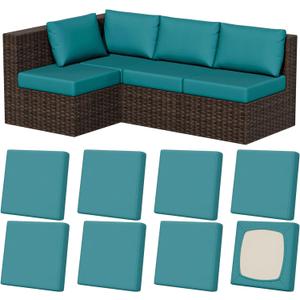8Pcs Stretch Patio Cushion Covers, Outdoor Couch & Sofa Replacement Slipcovers for Patio Furniture Cushion Covers, Washable Reusable Furniture Protector, Square-Large, Petrol-Blue