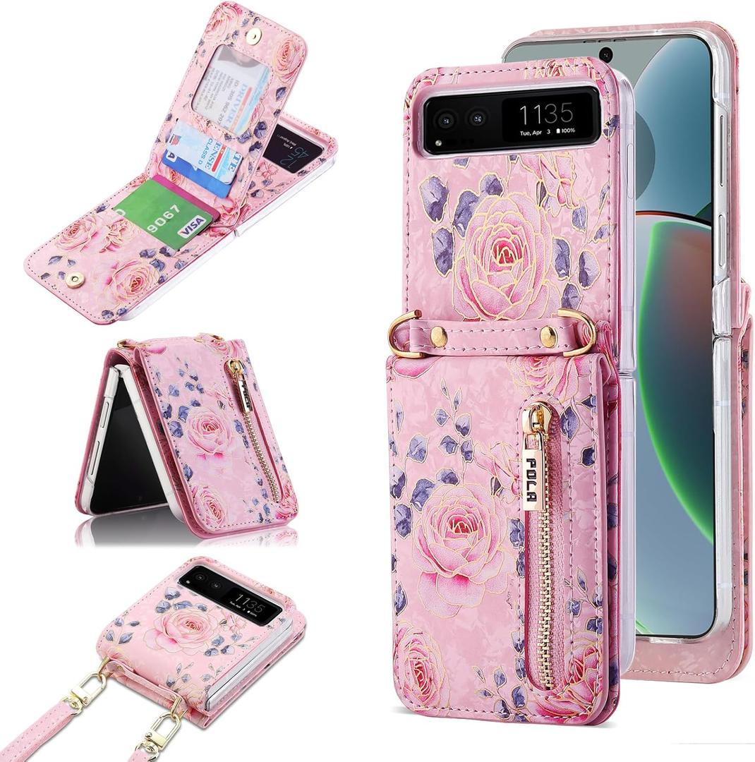 for Motorola Moto Razr 2023 Wallet Case with Crossbody Strap, Flower Pattern PU Leather Flip Cover with Card Holder Zipper Flip Protective Phone Case for Motorola Razr 2023 Pink