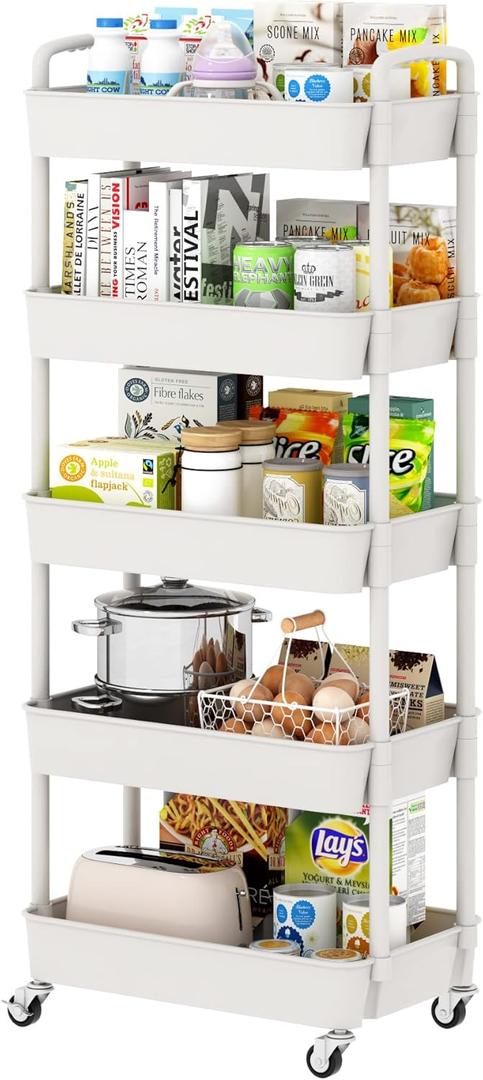 Sywhitta 5-Tier Plastic Rolling Utility Cart with Handle, Multi-Functional Storage Trolley for Office, Living Room, Kitchen, Movable Storage Organizer with Wheels, White