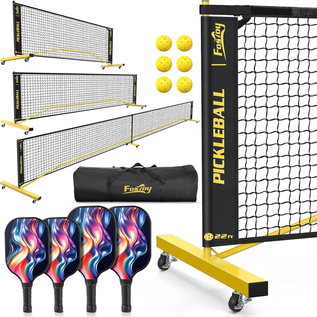 Pickleball Set Net with 4 Paddles, 6FT/11FT/22FT Portable 3-in-1 Pickle Ball Net with Carry Bag, Pickleballs, Designed for All Weather Conditions