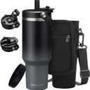 40 oz Coffee Tumbler with Straw - Flip Lid, Carrier Bag Strap & Silicon Bottom Boot, Insulated Tumblers Water Bottles Fit Car Holder, Stainless Steel Travel Cups Mug for Travel Work (Black&Grey)
