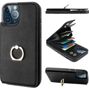 Folosu Compatible with iPhone 12 Pro Max Case Wallet with Card Holder, 360Rotation Finger Ring Holder Kickstand Protective RFID Blocking PU Leather Double Buttons Flip Cover 6.7 Inch Black