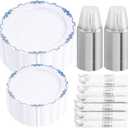 DaYammi 350Pcs Blue and White Plastic Plates Disposable Blue Plates for Party Include 50 Dinner plate,50 Dessert plate- 50 Per Rolled Napkins with Silver Cutlery- 50 Disposable Cups 9 OZ for Wedding