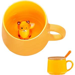 BigNoseDeer Kawaii Fox Mug Cute Mugs with 3D Fox Inside Ceramic Coffee Mug with Lid and Spoon Cute Stuff Birthday Gifts Cute Gifts For Women 13.5oz