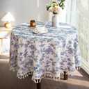 LOVOUS Linen Floral Round Tablecloth 48 Inch  Washable Vintage Blue Table Cloth for Indoor & Outdoor Dining, Restaurant, Picnic, Pastoral Table Cover Decor