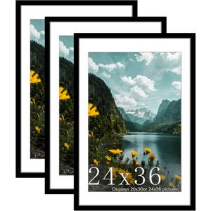 Picrit 24x36 Picture Frame 3 Pack, Black Poster Frame, Display Poster 20 x 30 with Mat or 24 x 36 without Mat for Horizontal or Vertical Wall Mounting