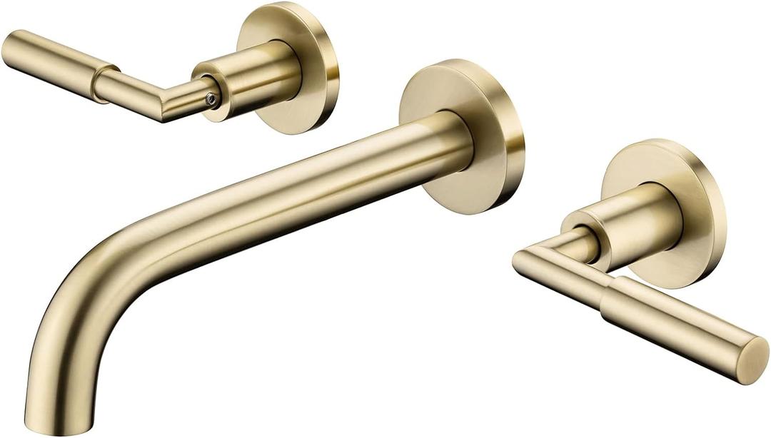 Gold Wall Mount Faucet, Brushed Gold Wall Mounted Bathroom Sink Faucet, Dual Handle, Brass Rough-in Valve Included, Pt02BG