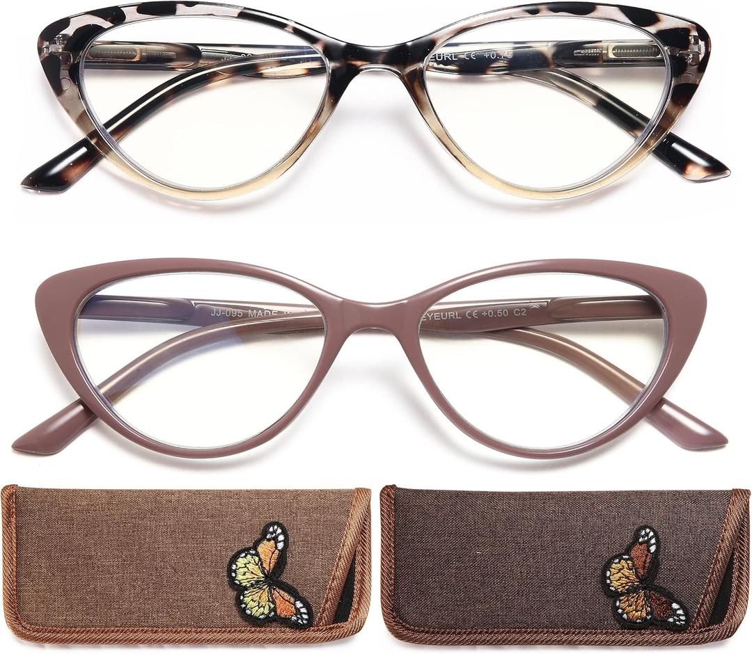 EYEURL Cat Eye Reading Glasses for Women 2 Pair Blue Light Blocking Readers 1.25 Comfort Spring Hinge Lightweight Eyeglasses Anti Glare for Ladies (Leopard+brown)