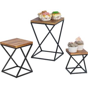 MyGift Rustic Burnt Solid Wood Square Pizza Riser Display Rack with Twisting Black Metal Legs, Nesting Dessert Cupcake Risers Cake Stand and Food Platter Holder, 3 Piece Set