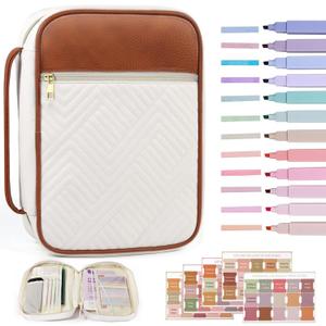 Bible Cover Case for Women, Quilted Large Handle Vegan Leather Bible Bags with Bible Study Supplies Accessories Church,Classroom,Campus,Neighborhood Association (Vintage White & Brown,M/L)