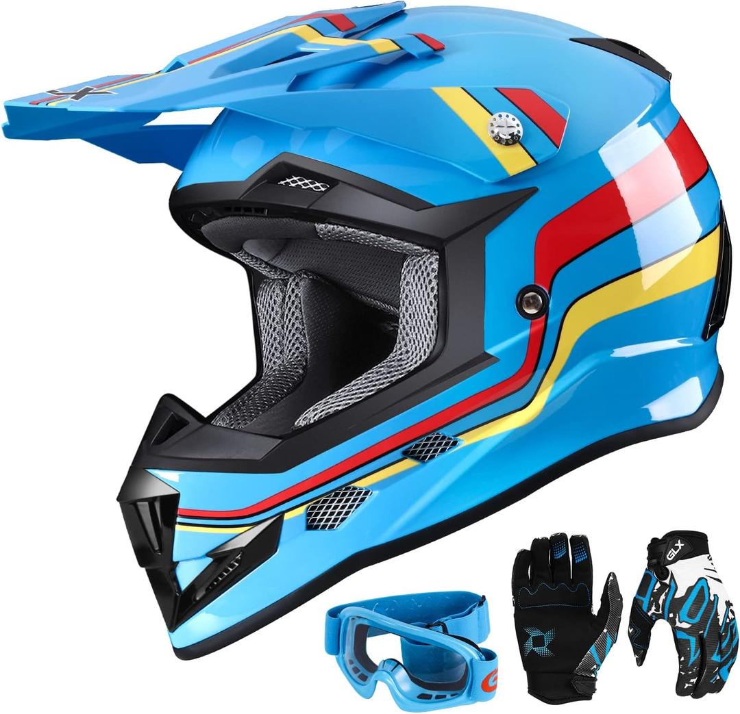 GLX GX623 Youth ATV/Dirt Bike Helmet Combo - Retro Blue, Large - DOT