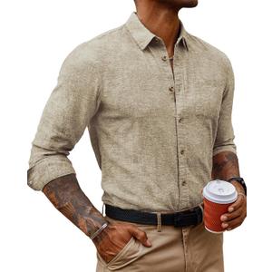 PJ PAUL JONES Men's Linen Shirts Casual Button Down Long Sleeve Shirt Lightweight Beach Shirt with Pocket (Medium, Khaki)