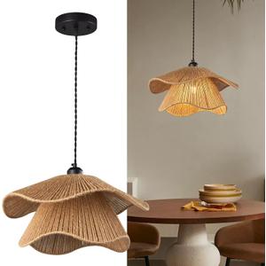 Farmhouse Hand-Woven Rattan Pendant Light Fixture Bohemian Chandelier Woven Wicker Pendant Lighting for Kitchen Island, Dining Room, Bedroom Room,Hallway (138-1(Pack))