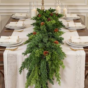 2PCS 6FT Christmas Garland, Cedar Garland -Realistic Greenery Cypress Pine Garland with Pinecones for Mantle Table Railing Fireplace Indoor & Outdoor Christmas Decoration
