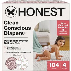 The Honest Company Clean Conscious Diapers for Sensitive Skin Up to 100% Leakproof Hypoallergenic, Fragrance Free Girl Prints Super Club Box, Size 4 (22-37 lbs), 104 Count (Prints May Vary) (Wild Thang + All the Alpacas)