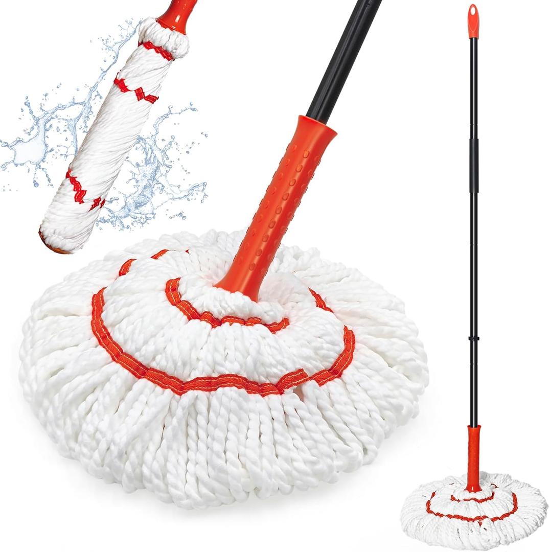 Self Wringing Twist Mop for Floor Cleaning, 57.5 inches Long Handle Cotton String Mop with Wringer, Washable Microfiber Wet Mop with Scouring Pad for Hardwood, Tile, Bathtub, Kitchen